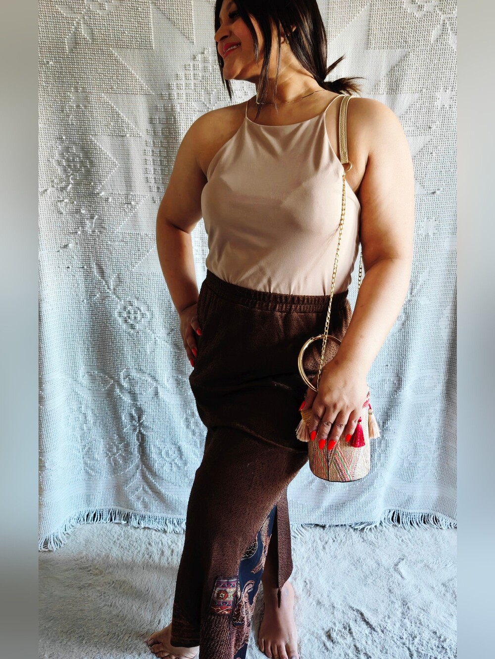 Boho 2-Piece Set L/XL | Neutral Halter Cami & Artisan Knit Midi Skirt